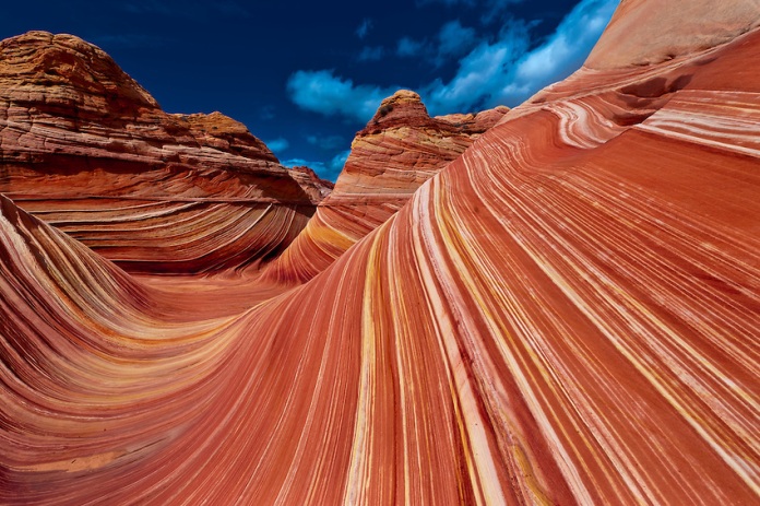 "The Wave", a 190 million year old Jurassic-age Navajo sandstone rock formation, Coyotte Buttes North, Paria Canyon-Vermillion Cliffs Wilderness Area, Utah-Arizona border, USA